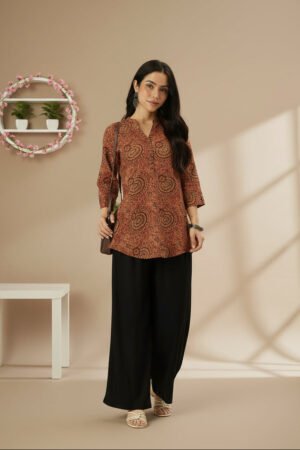 Red Mandarin Collar Printed Tunic