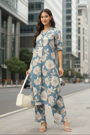 Blue Floral Printed Pure Cotton Kurta With Trousers