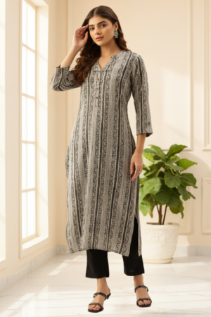 Beige & Black Ethnic Motifs Printed Kurta