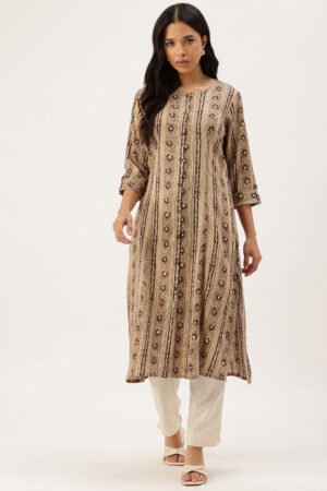 Beige Ethnic Motifs Printed Roll-Up Sleeves Kurta