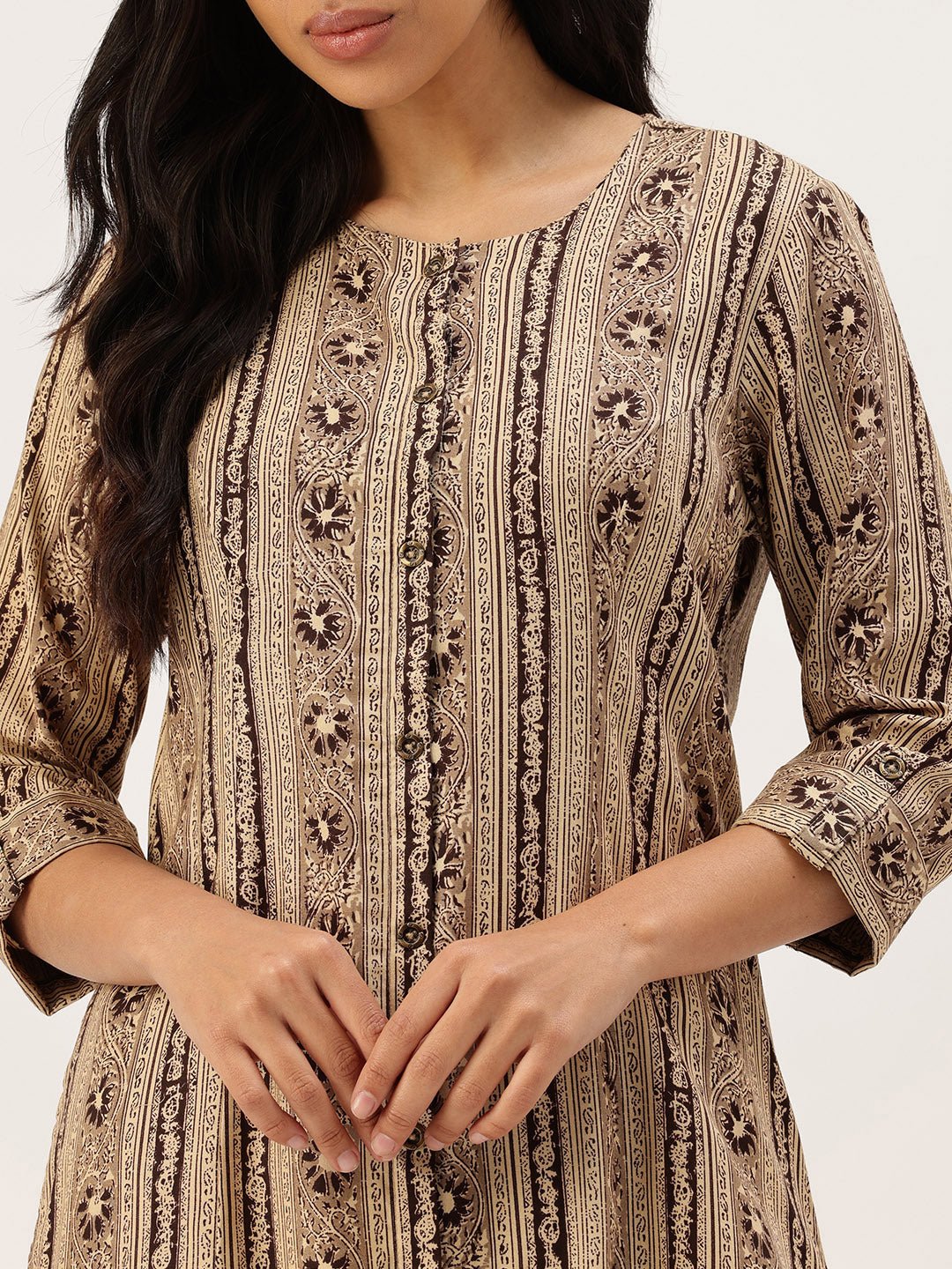 Beige Ethnic Motifs Printed Roll-Up Sleeves Kurta - Image 2