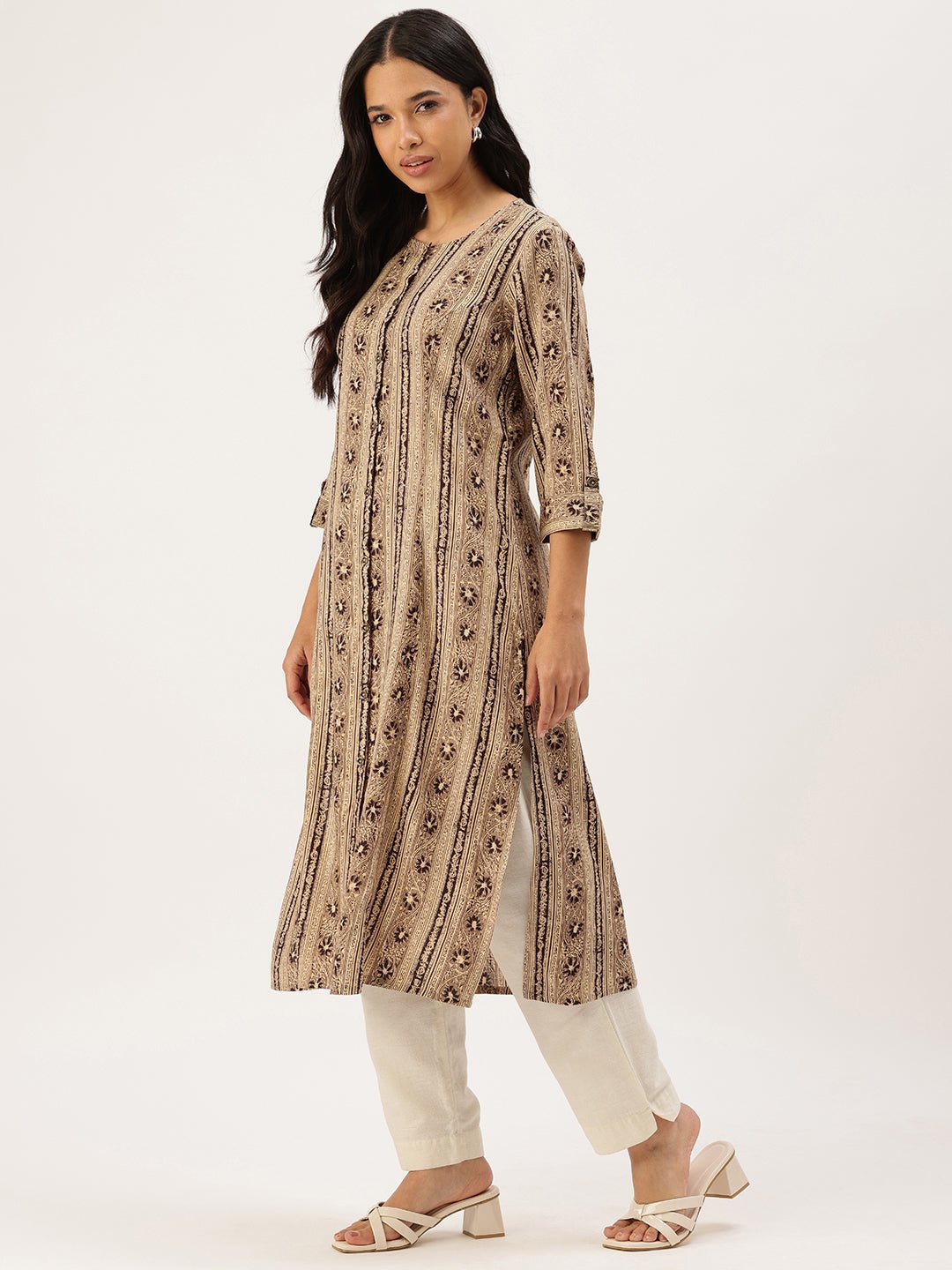 Beige Ethnic Motifs Printed Roll-Up Sleeves Kurta - Image 4