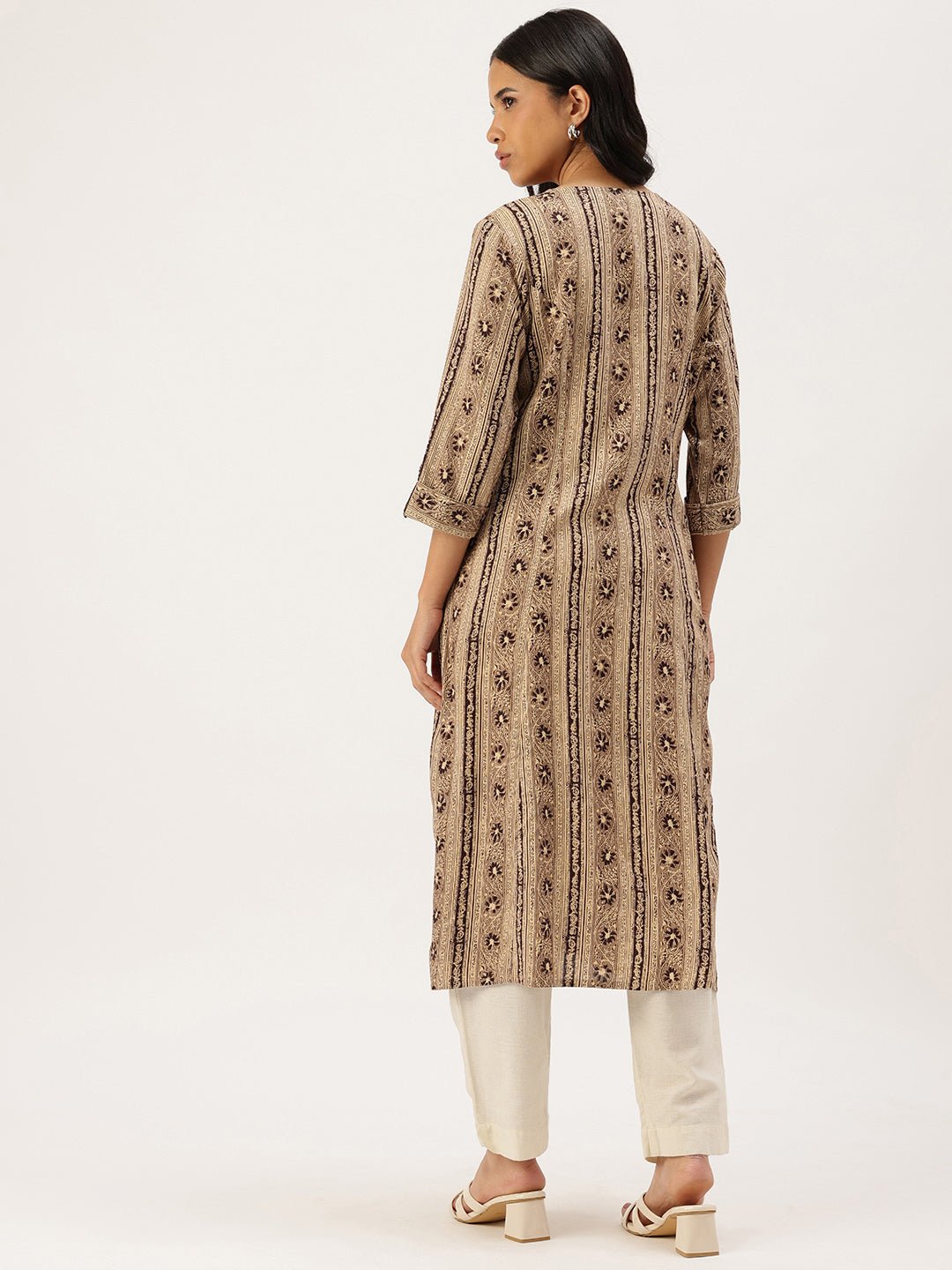 Beige Ethnic Motifs Printed Roll-Up Sleeves Kurta - Image 3