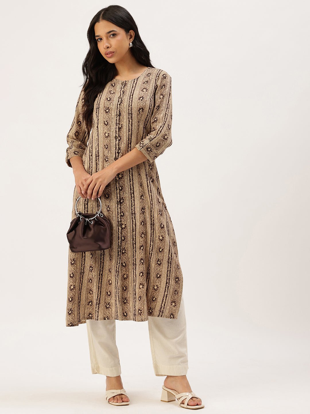 Beige Ethnic Motifs Printed Roll-Up Sleeves Kurta - Image 5