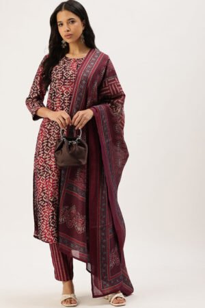 Maroon Geometric Printed Kurta & Trousers With Dupatta