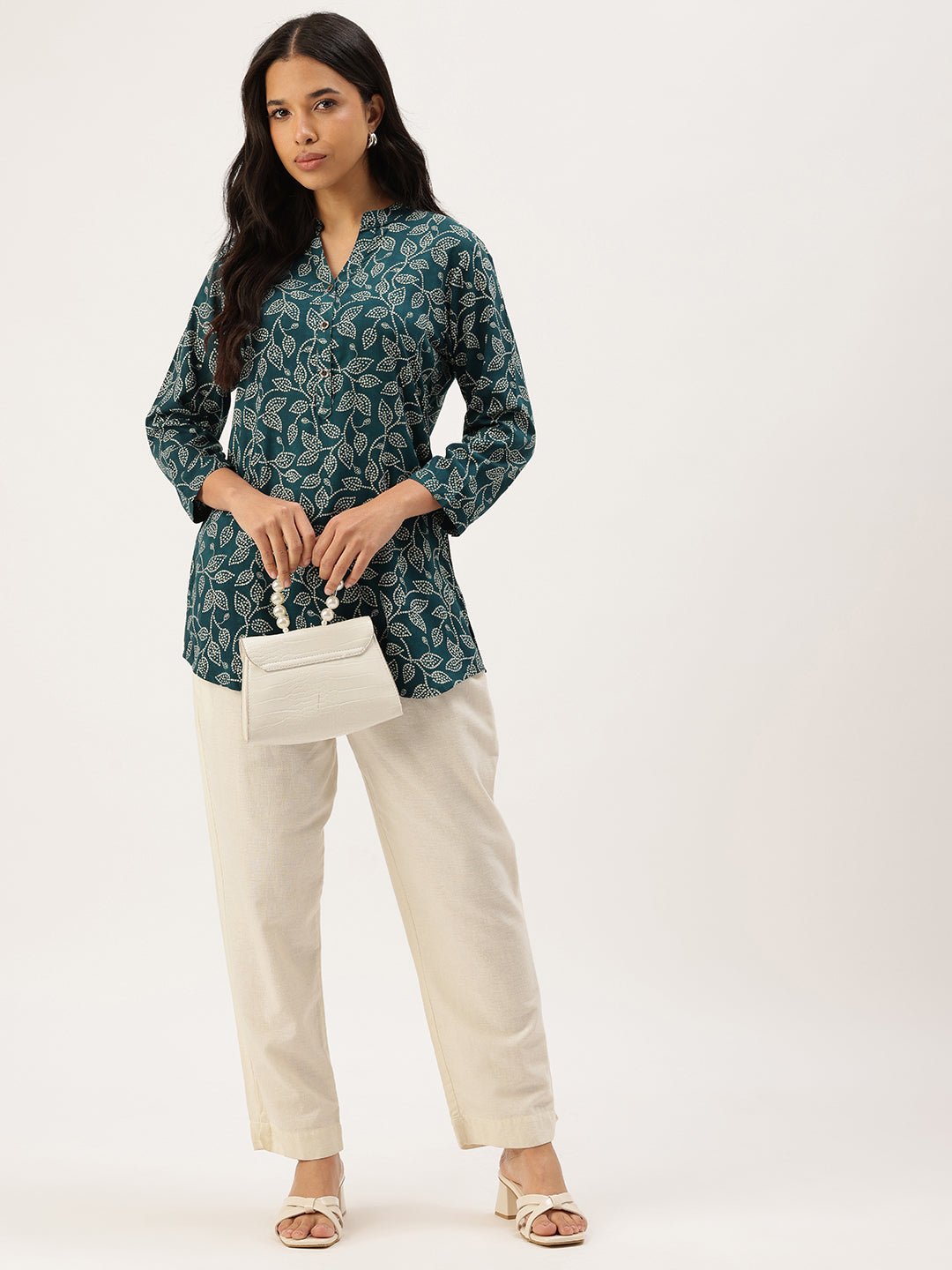 Navy Floral Printed Mandarin Collar Tunic - Image 6