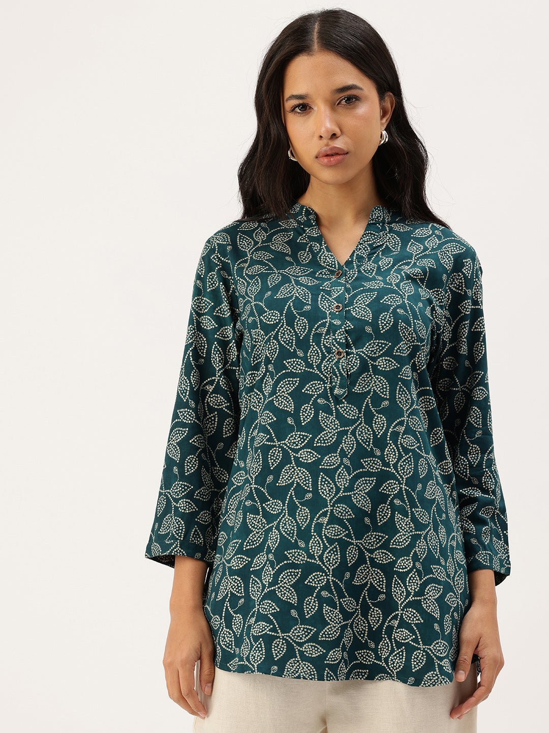 Navy Floral Printed Mandarin Collar Tunic - Image 3