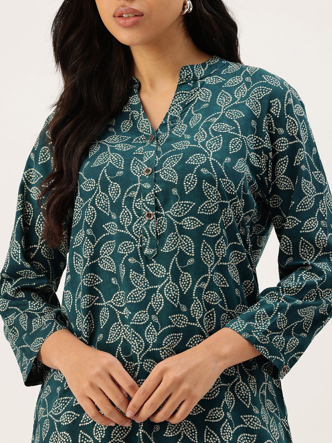 Navy Floral Printed Mandarin Collar Tunic - Image 2