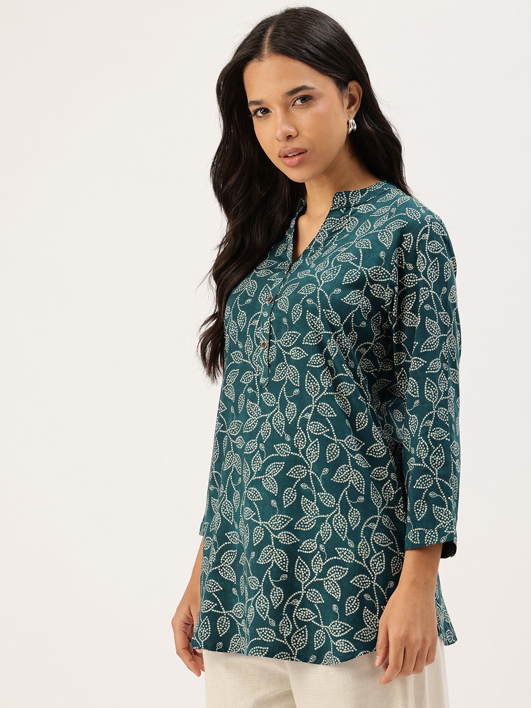 Navy Floral Printed Mandarin Collar Tunic - Image 4