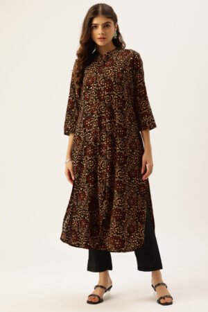 Black Floral Printed Mandarin Collar Straight Kurta
