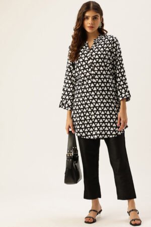 Black Rayon Mandarin Collar Printed Tunic