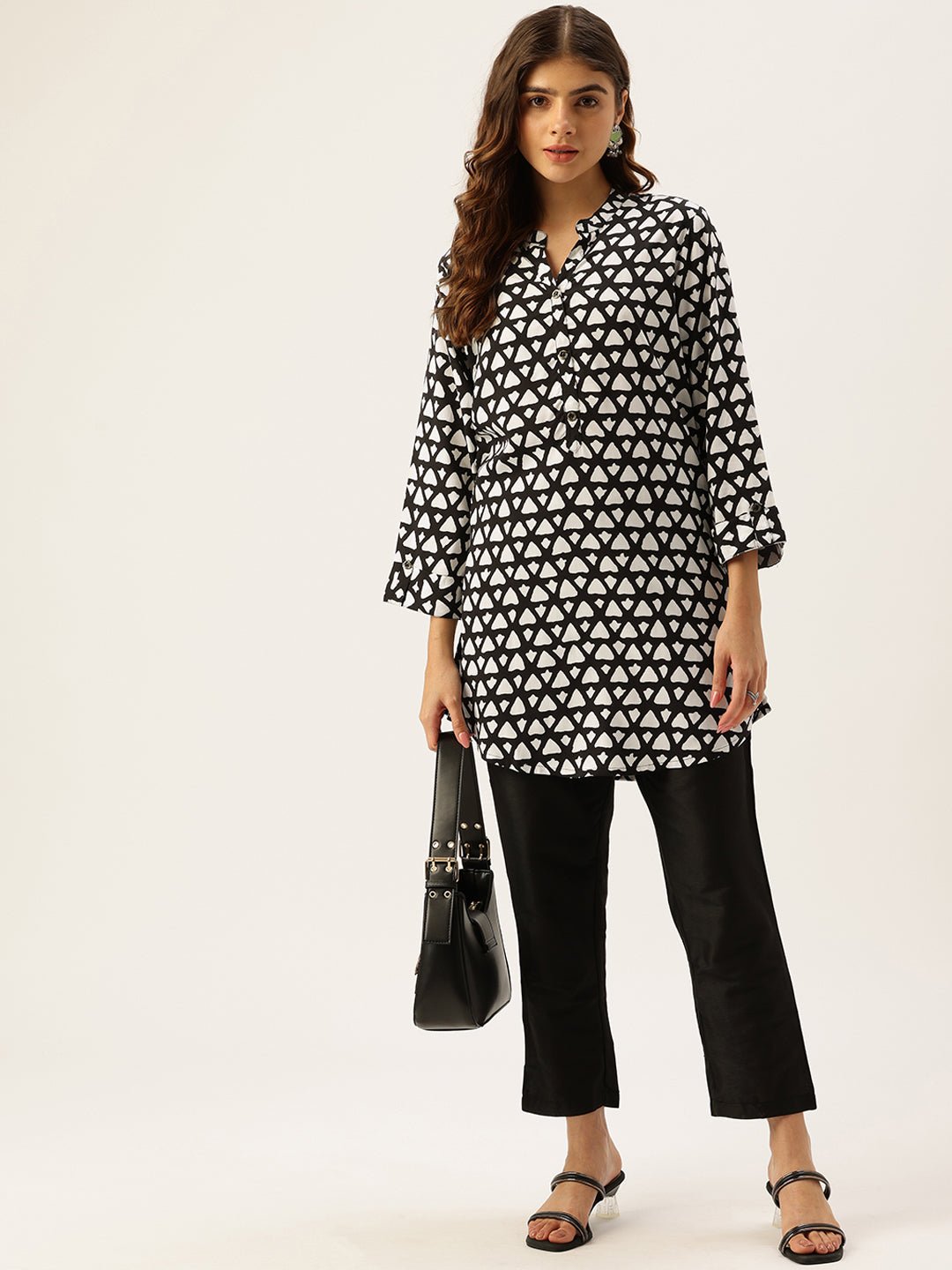 Black Rayon Mandarin Collar Printed Tunic