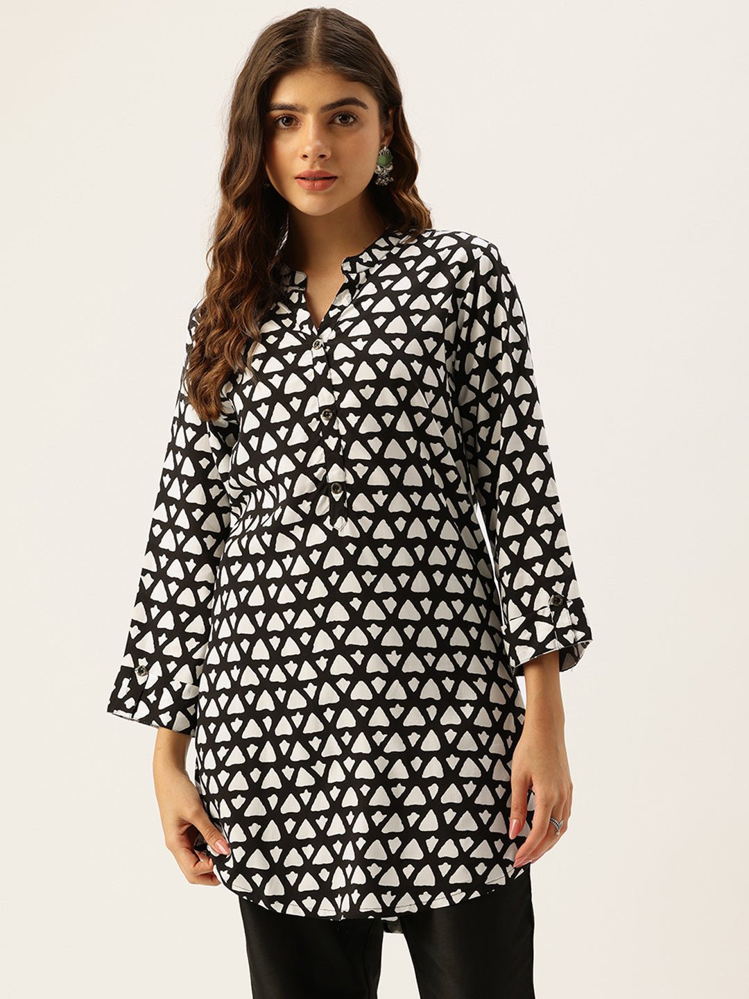 Black Rayon Mandarin Collar Printed Tunic - Image 3