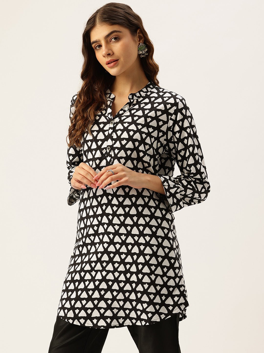 Black Rayon Mandarin Collar Printed Tunic - Image 4