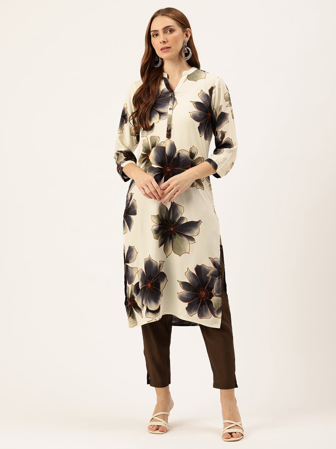 Floral Printed Mandarin Collar Kurta - Image 3