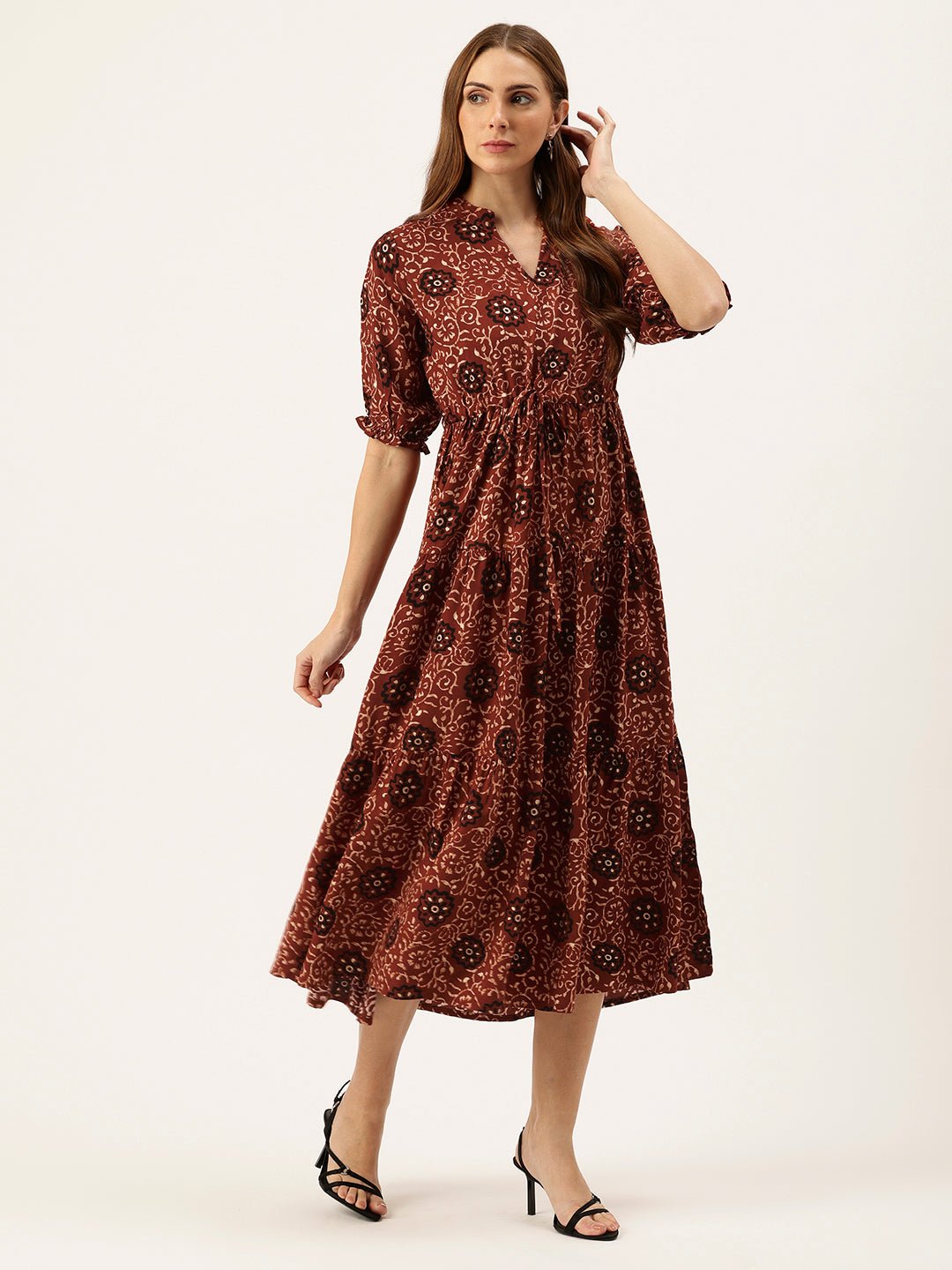Red Floral Printed Fit & Flare Midi Tiered Ethnic Dress - Image 4