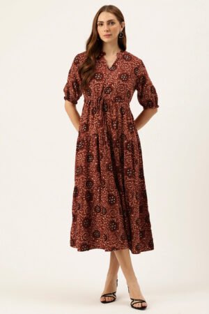 Red Floral Printed Fit & Flare Midi Tiered Ethnic Dress