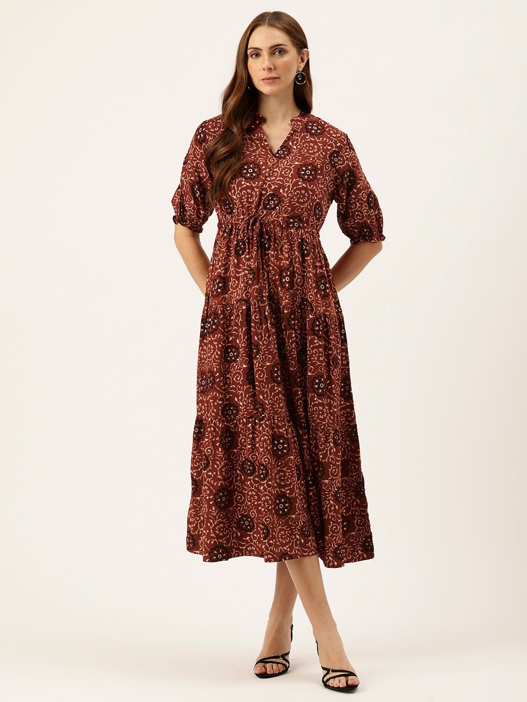 Red Floral Printed Fit & Flare Midi Tiered Ethnic Dress
