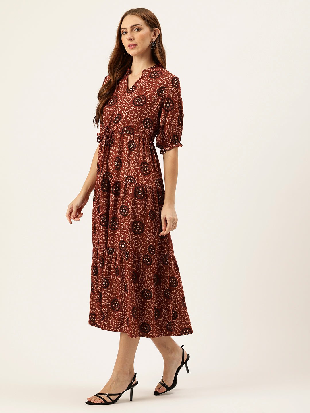 Red Floral Printed Fit & Flare Midi Tiered Ethnic Dress - Image 5