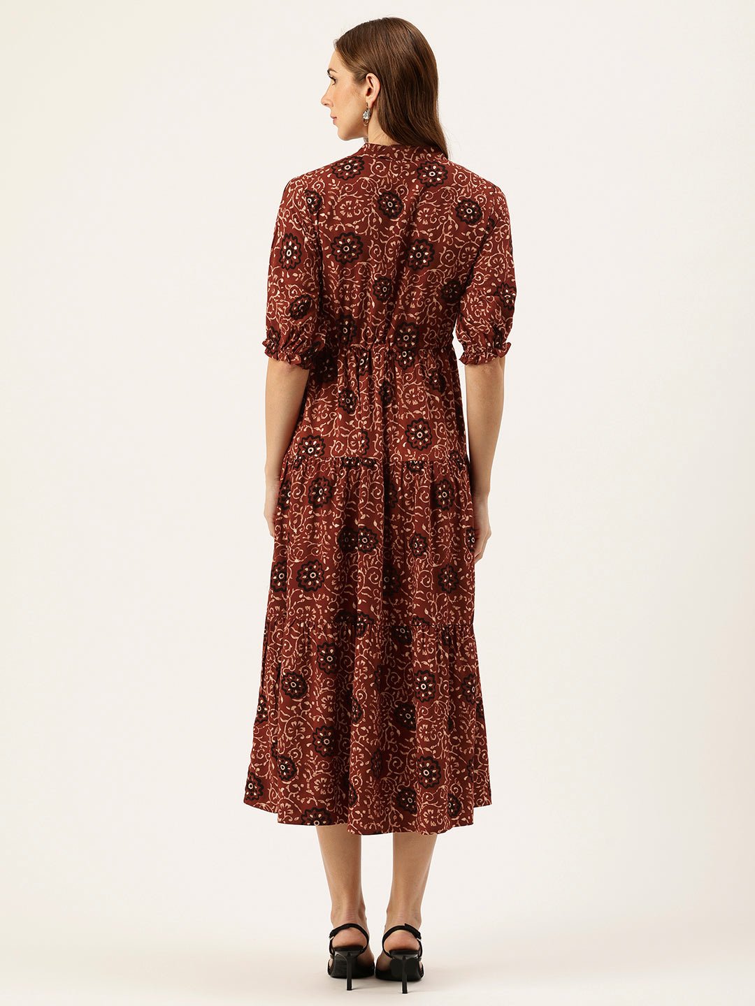 Red Floral Printed Fit & Flare Midi Tiered Ethnic Dress - Image 3