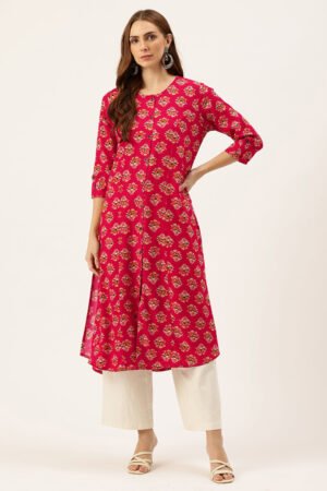 Fuschia Floral Printed Roll-Up Sleeves A-Line Kurta