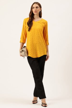 Yellow Geometric Printed Roll-Up Sleeves V-Neck Tunic
