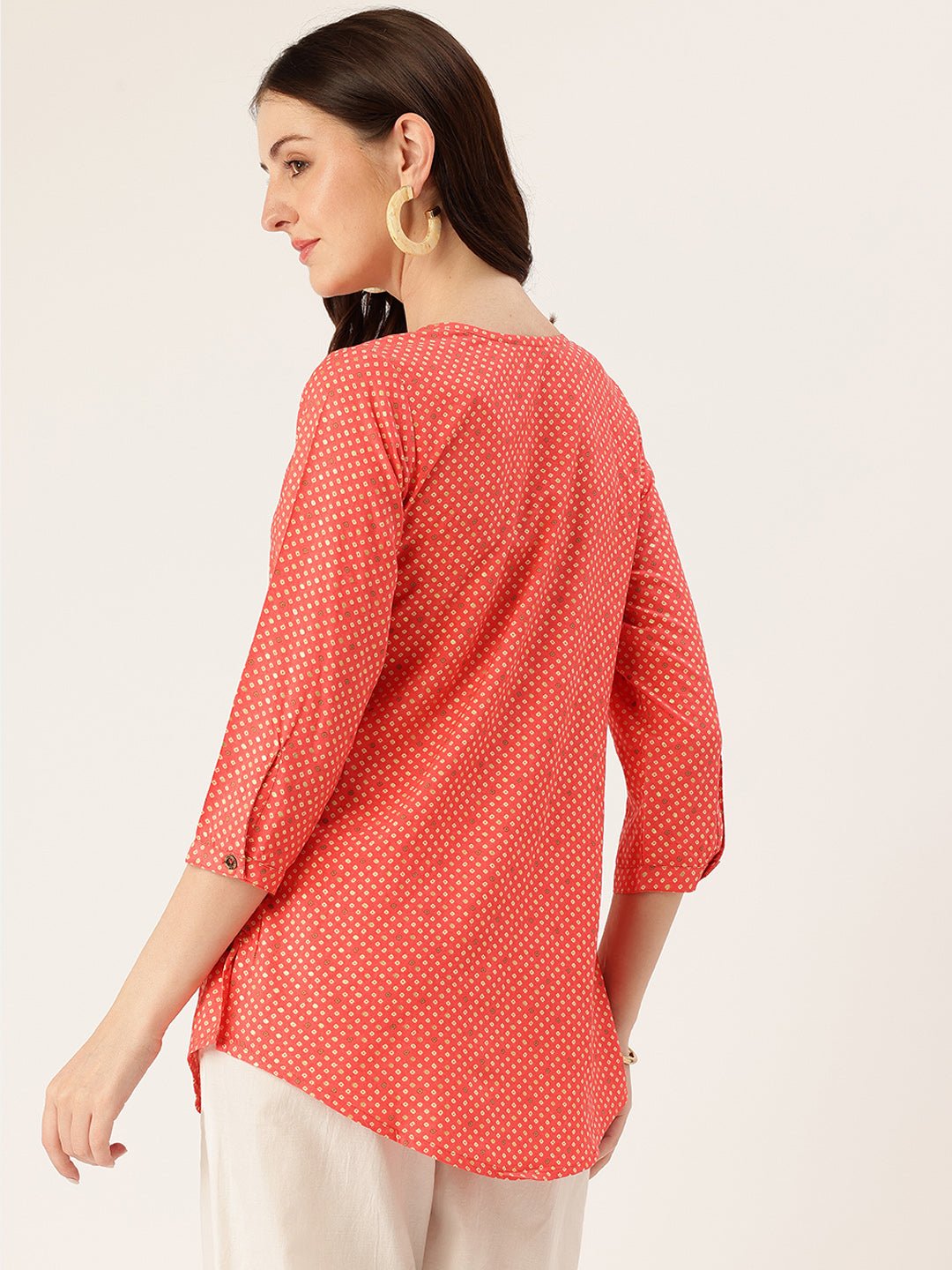 Red Geometric Printed Roll-Up Sleeves Boat Neck Tunic - Image 4