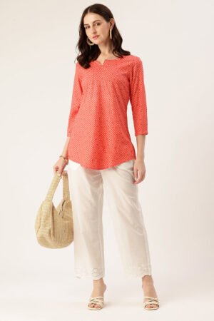 Red Geometric Printed Roll-Up Sleeves Boat Neck Tunic