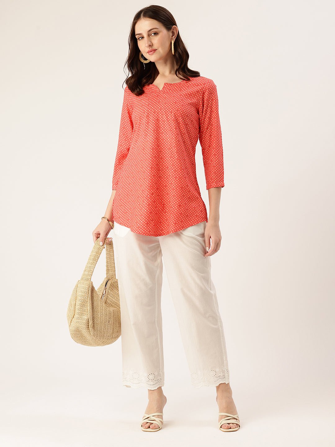 Red Geometric Printed Roll-Up Sleeves Boat Neck Tunic
