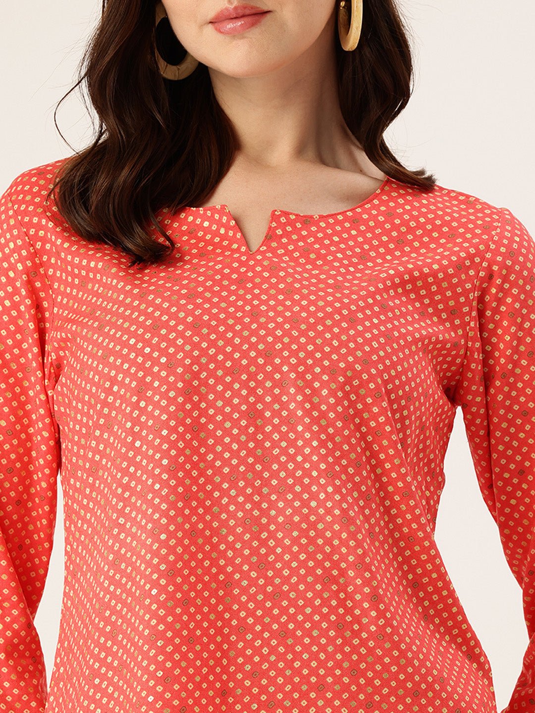 Red Geometric Printed Roll-Up Sleeves Boat Neck Tunic - Image 2