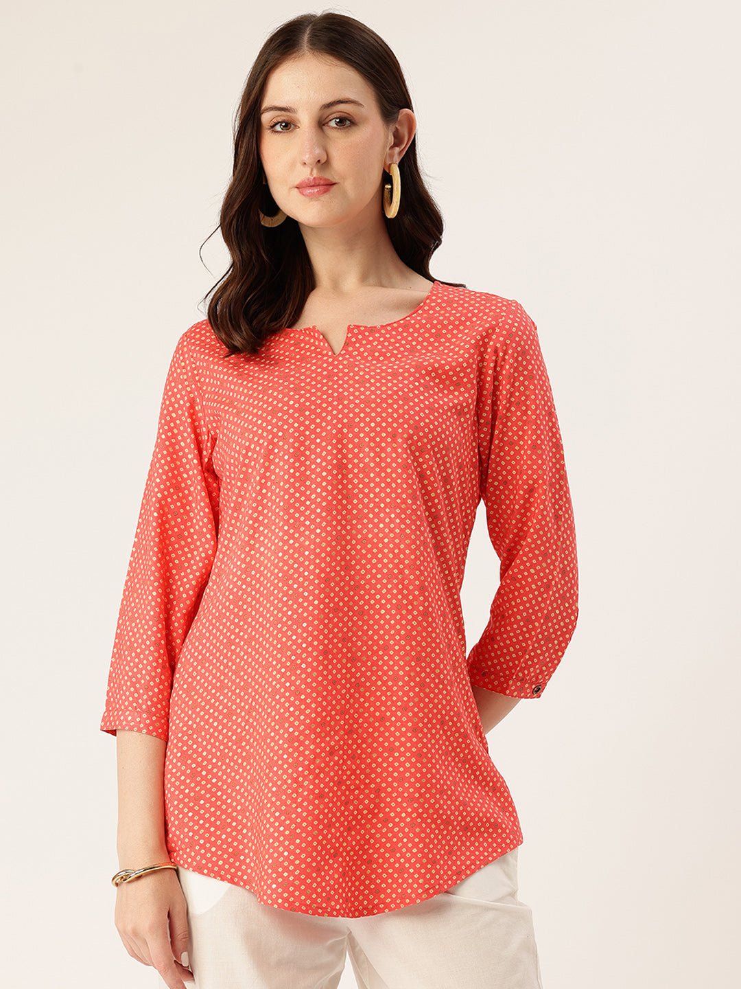Red Geometric Printed Roll-Up Sleeves Boat Neck Tunic - Image 5