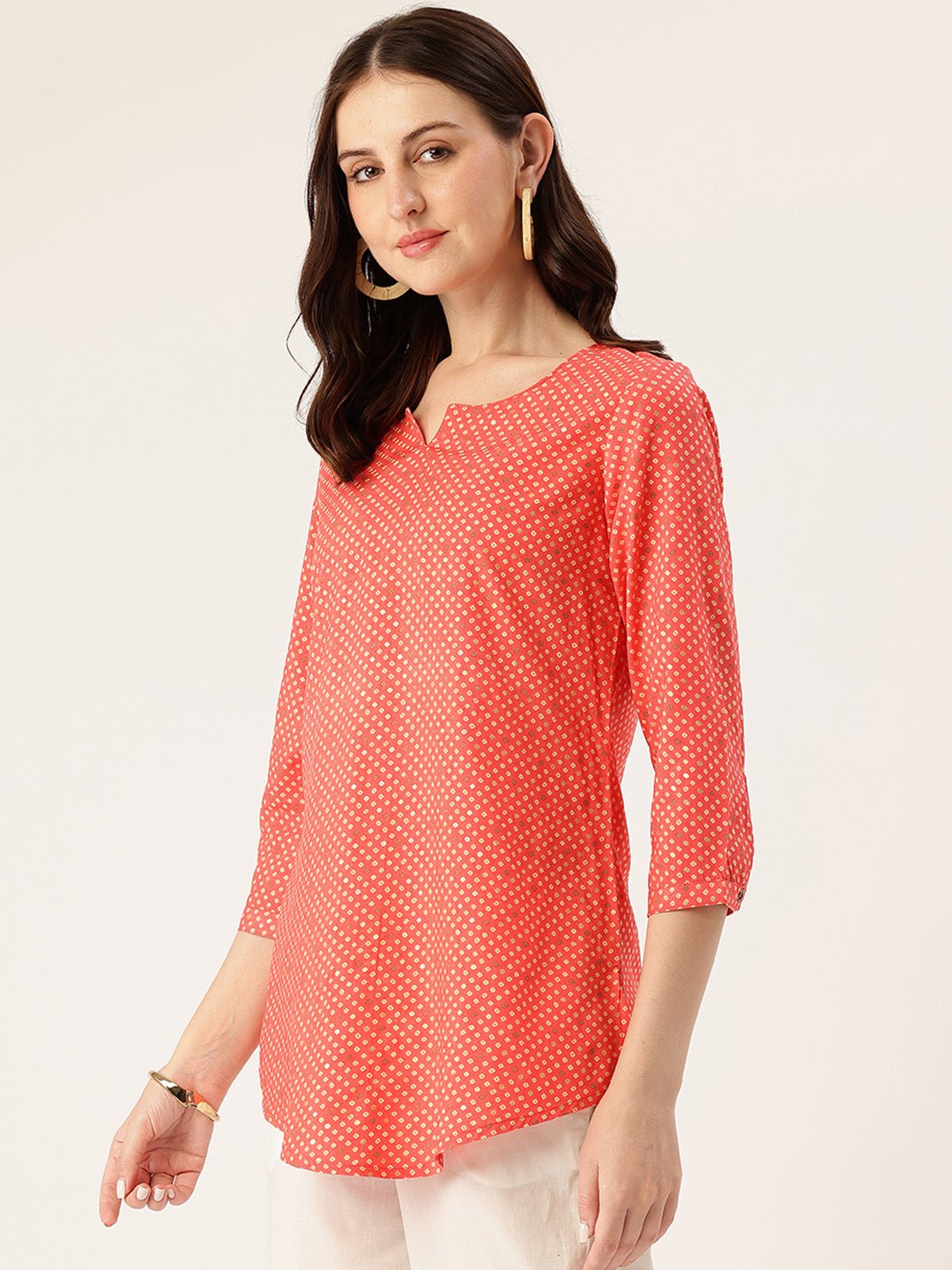 Red Geometric Printed Roll-Up Sleeves Boat Neck Tunic - Image 3