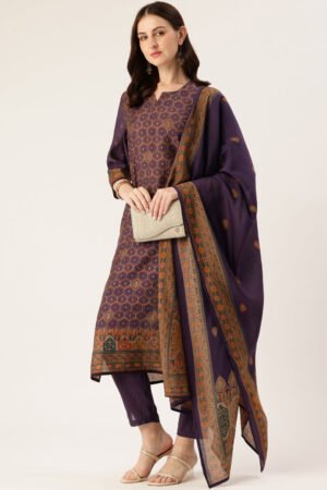 Purple Printed Kurta & Trousers With Dupatta