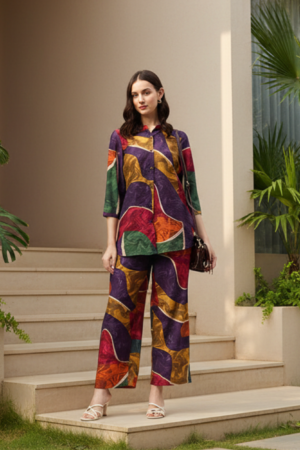 Multi Color Printed Mandarin Collar Co-Ords