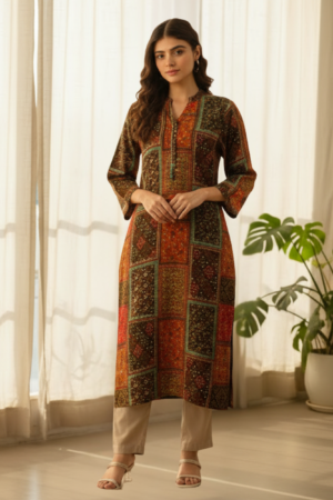 Orange Printed Straight Kurta