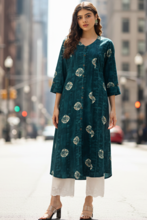 Blue Geometric Dyed V-Neck Straight Kurta