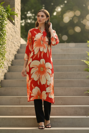 Red Floral Printed Kurta