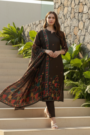 Brown Floral Printed Kurta & Trousers With Dupatta