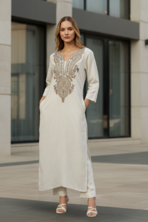 Beige Floral Embroidered Kurta