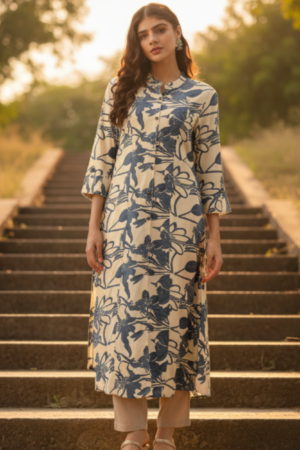 Beige Floral Printed A-Line Kurta