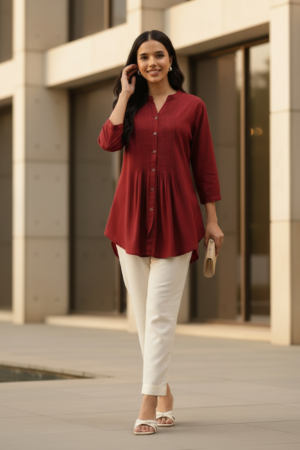 Red Mandarin Collar Tucks Detail Tunic