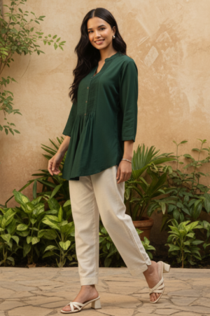 Green Mandarin Collar Tucks Detail Tunic