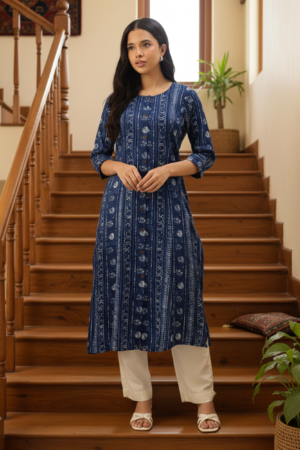 Indigo Ethnic Motifs Printed Roll-Up Sleeves Kurta