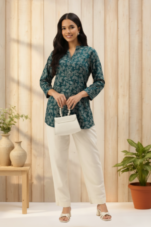Navy Floral Printed Mandarin Collar Tunic