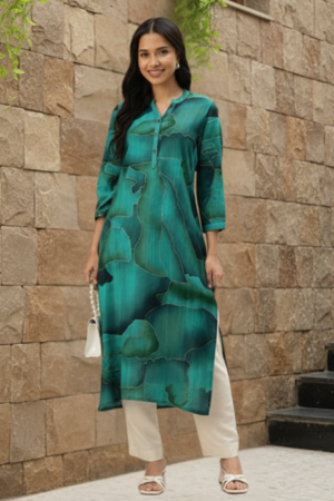 Teal Abstract Printed Mandarin Collar Kurta