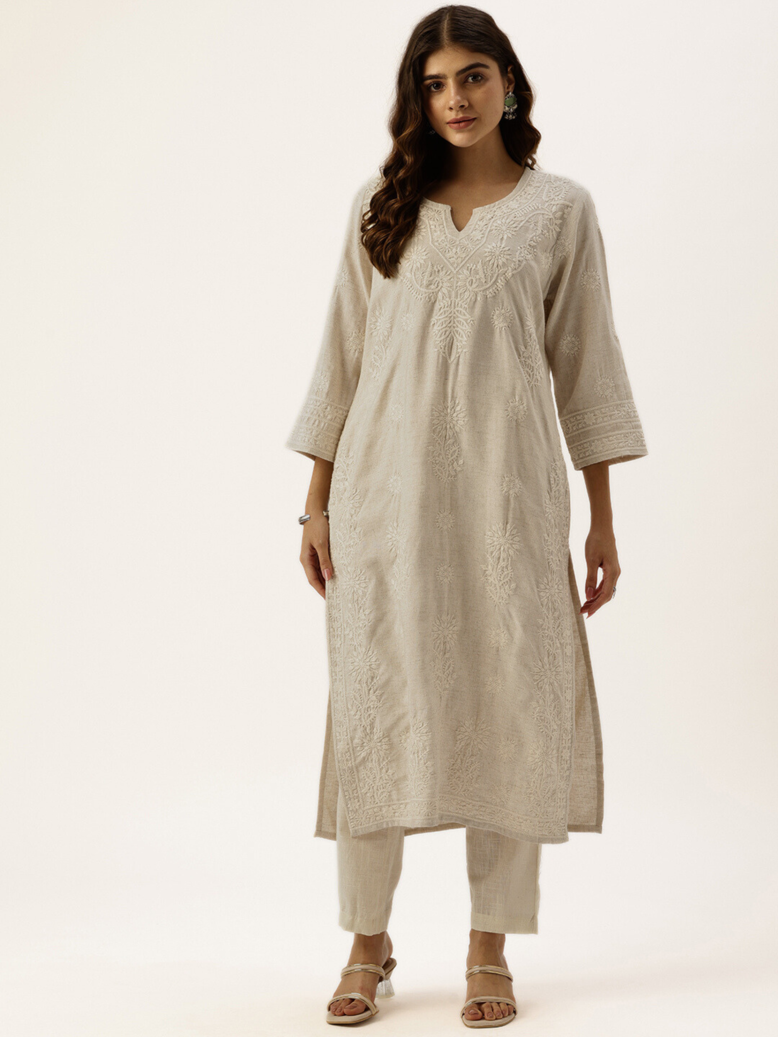 Beige Floral Embroidered Kurta - Image 7